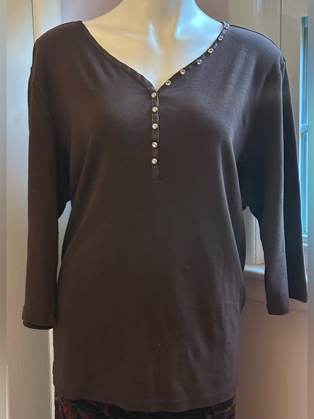 QUACKER FACTORY WHERE IT WITH A SMILE Brown 3/4th Sleeves V Neck Rhineston Sz 2X